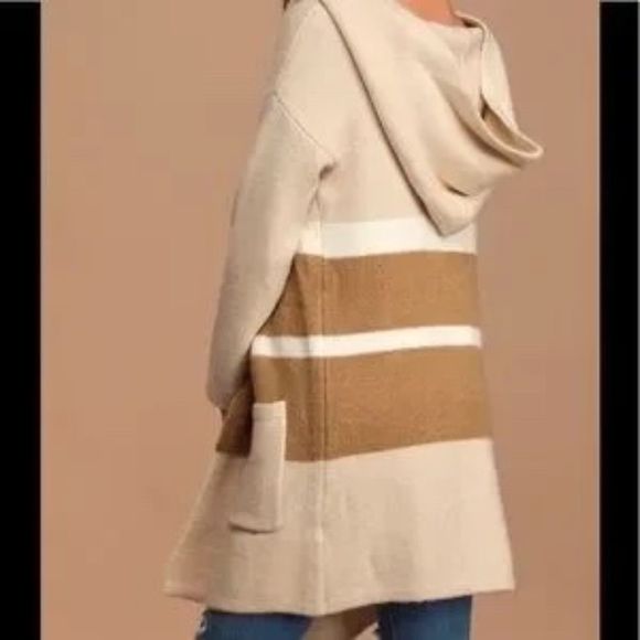 Lulus Carlsbad Tan and Beige Hooded Cardigan Sweater S/M - Picture 2 of 9
